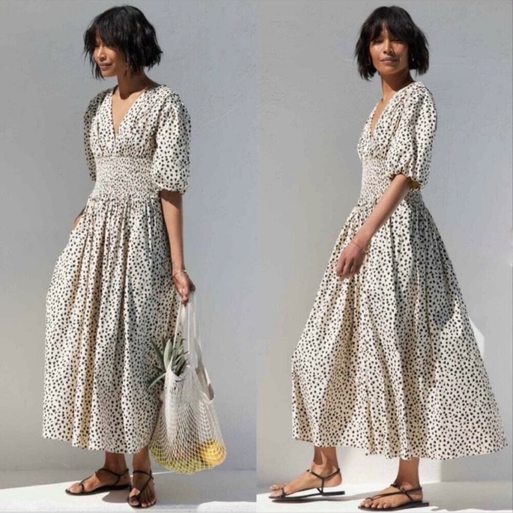 AYR | The Extra Extra Smocked Midi Dress Neutral Beige Spot Animal Print Small